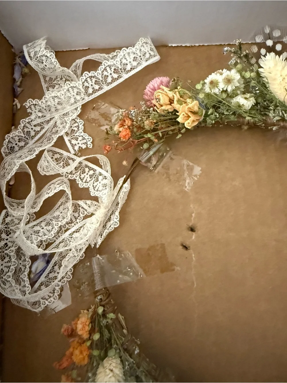 NEW Girls Dried Floral Crown with Lace Ribbon - Yellow, Orange, White, Purple.